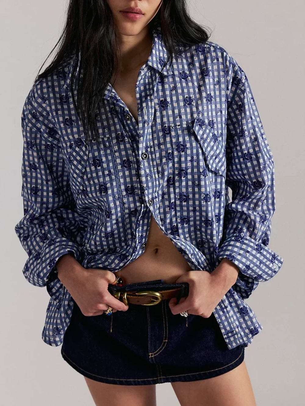 Free People Hidden Flower Button-Up Gingham Shirt - Navy Blue Combo - L - NWT